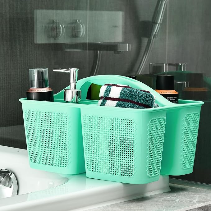 Plastic Cyan Shower Caddy Basket, Divided Cleaning Portable Shower Basket with Handle Compartments Storage Organizer for Bathroom, College, Kitchen, Dorm Room Essentials