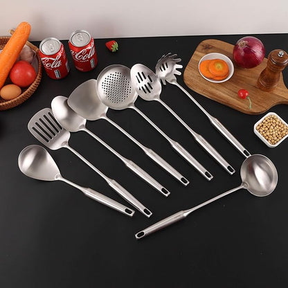 18/10 Stainless Steel Kitchen Utensils Set - 15” All Metal Cooking Tools & Serving Utensils, 8 PCS - Solid Spoon, Slotted Spoon, Spatula, Ladle, Skimmer, Tunner, Spaghetti Spoon, Large Spoon Set