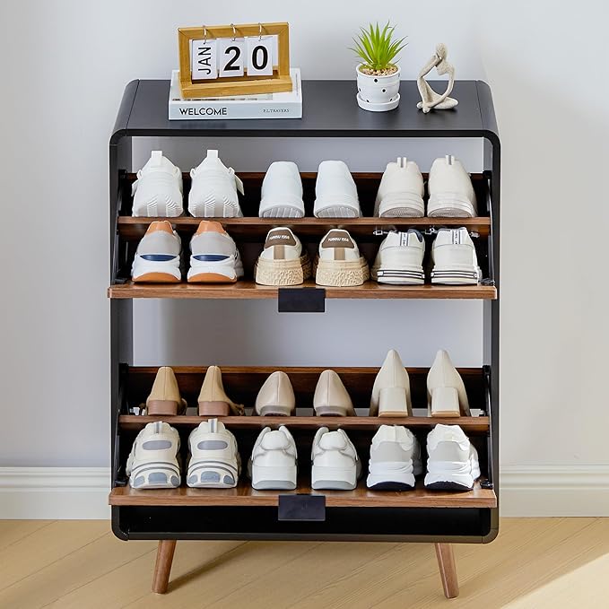 Fluted Shoe Cabinet Storage for Entryway,Slim Shoe Cabinet with 2 Flip Drawers, Narrow Shoes Rack Organizer (All Walnut, 2 Drawers)