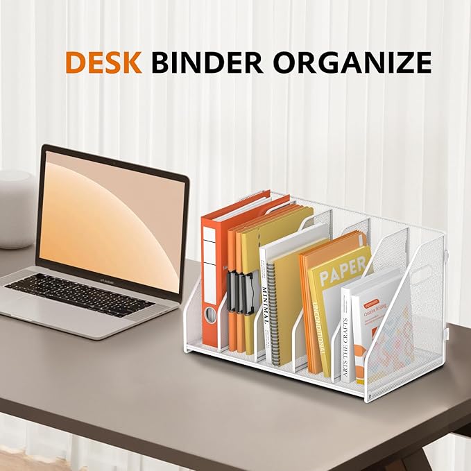 SUPEASY Binder Organizer, Magazine File Holder with 5 Vertical Compartments Rack, Metal Desk File Organizer & Binder Holders, Magazine Organizers for Office Desktop, Home, School,Classroom (White)