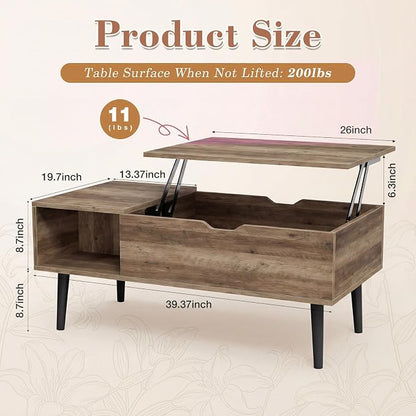 Sweetcrispy Coffee Table Lift Top Coffee Tables for Living Room,Small Rising Wooden Center Tables with Storage Shelf and Hidden Compartment, Grey