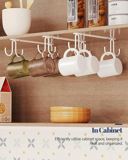 Luckinow Mug Hooks Under Cabinet 3 Pack, Coffee Cup Hooks for Hanging Under Shelf, Mug Organizer Rack with 12 Hooks for Displaying Mugs, Coffee Cups and Kitchen Utensils, White