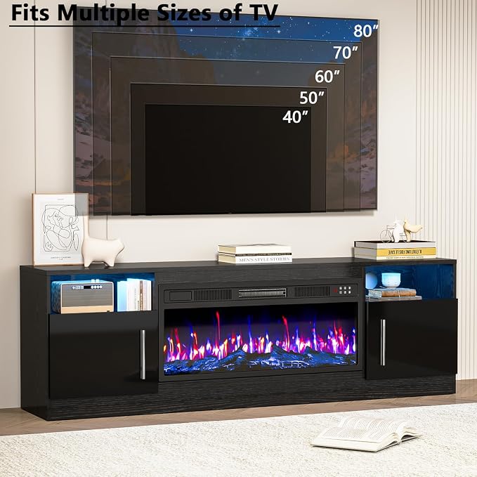 PRETZI Fireplace TV Stand with 36" Fireplace Up to 80" TVs, 70" Entertainment Center with LED Lights, Remote Control, TV Media Console with Storage Cabinets for Living Room, Black