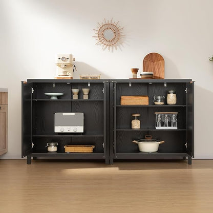 SICOTAS Sideboard Buffet Storage Cabinet - Boho Rattan Credenza Coffee Bar Cabinet with Large Storage, Farmhouse Console Buffet Table for Kitchen Living Room Entryway - 2 Black Pieces