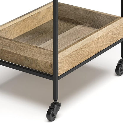 SIMPLIHOME Simons SOLID MANGO WOOD Industrial Contemporary 24 inch Wide Bar Cart in Natural for the Living room, dining room and kitchen