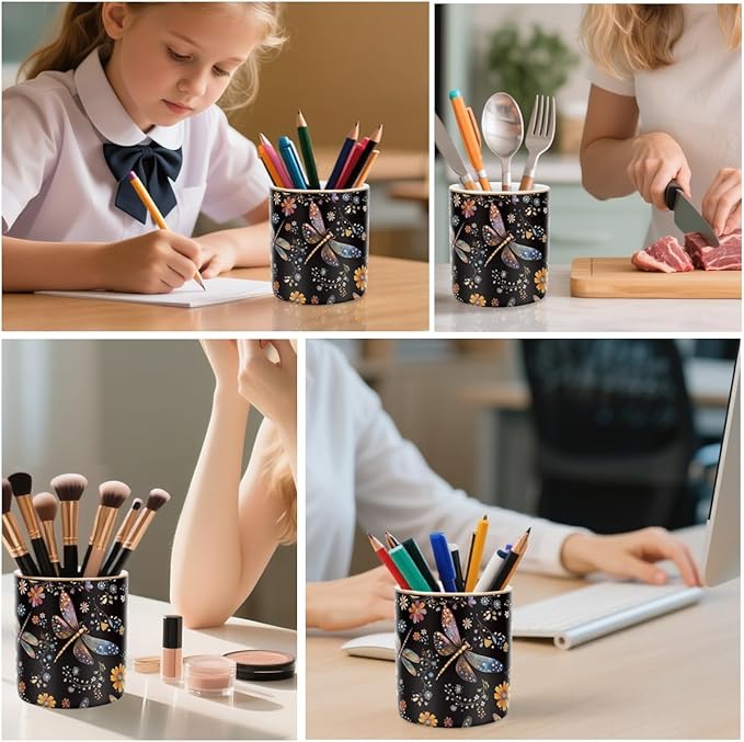 WAVEYU Pen Holder, Pencil Cup for Desk, Cute Makeup Brush Holder, Durable Ceramic Organizer Decor for Room, Office, Classroom, Cute Dragonfly Pattern
