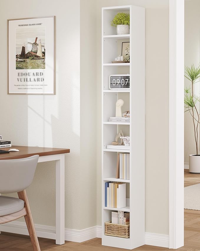 Hzuaneri Bookcase, Tall Narrow Bookshelf, Open Display Storage Shelf, Skinny Cube Book Shelf with Adjustable Shelves, CD Rack for Living Room, Home Office 8-Tier(9.4 x 11.8 x 72 inch) White BC89603X