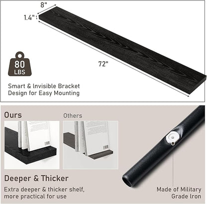 Fun Memories 72 Inch Floating Shelves for Wall 8 Inch Deep Black Shelves Set of 2, Wall Mounted Rustic Wood Long Floating Shelf, Large Display & Storage Shelf with Invisible Brackets