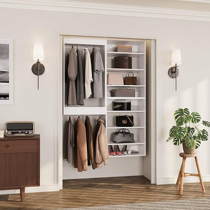 ROOMTEC Modular Closet System, 58" Wall-Mounted Closet Organizer with Hanging Rods and Shelves, Wooden Tower for Walk-In Closets, Wardrobe Storage Kit, White
