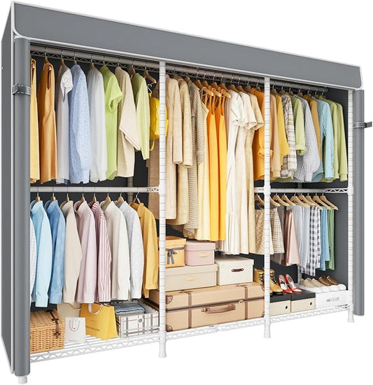 ULIFHOME E14C Pro Heavy Duty Closet Organizer System，Freestanding Clothing Racks for Hanging Clothes，Adjustable Garment Rack 69" W × 16" D × 77" H Hold 960 lbs，White Rack with Grey Dustproof Cover