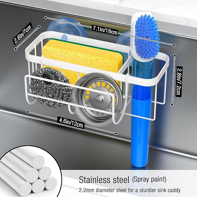 HOKEMOM Kitchen Sink Caddy Organizer with Sponge Holder & Multifunctional Hooks - Dual Suction Cups (18.5lb Hold), 2.0mm Stainless Steel White Rust-Proof, Non-Slip, 7.09" x 4.33" x 2.76"