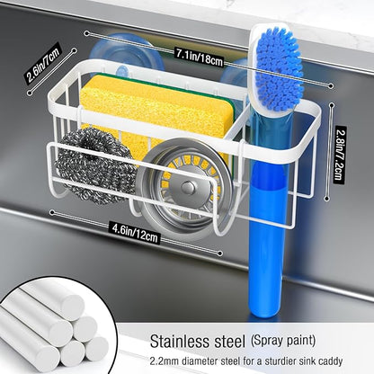 HOKEMOM Kitchen Sink Caddy Organizer with Sponge Holder & Multifunctional Hooks - Dual Suction Cups (18.5lb Hold), 2.0mm Stainless Steel White Rust-Proof, Non-Slip, 7.09" x 4.33" x 2.76"