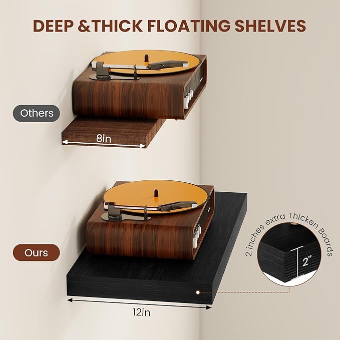 Black Floating Shelves for Wall 24 Inches Long, 12" Deep Wall Shelves 2" Thick, Heavy Duty Shelf for Bedroom, Bathroom, Living Room, Kitchen, Office, Home Decor, Modern Shelf Set of 2, 24" X 12" X 2"