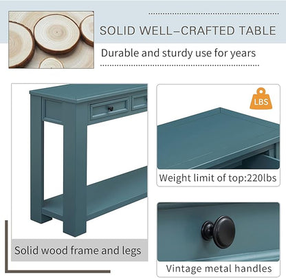 LKTART Solid Wood Console Table,63 in Long Sofa Table Entryway Table with 4 Drawers and Bottom Shelf for Hallway Living Room Couch Table,Easy Assembled (63" Dark Blue)
