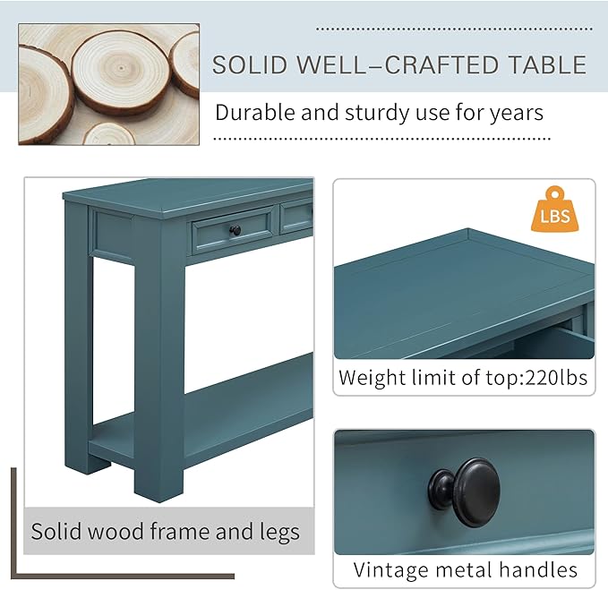 Knocbel Console Table Hallway Entryway Side Table, 63" Long Sofa Table Furniture with 4 Drawers and Bottom Shelf for Living Room Home Decor, New Dark Blue