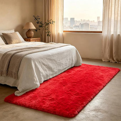 Shag Runner Rug for Bedroom Living Room 2x6 Upgrade Non-Slip Fluffy Soft Bedside Rugs,Red Shaggy Carpet for Livingroom Dorm Home Decor Aesthetic