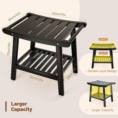 Bamboo Shower Bench Stool, Shower Chair for Inside Shower with 2-Tier Storage Shelf, Waterproof Shower Seat for Shaving Legs, Spa Bathroom Shower Bench-Black