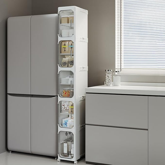 5-Tier Tall Slim Narrow Bathroom Storage Cabinet, White | Tool Free Assembly, Adjustable shelves, Fits for Narrow Spaces, Lockable Wheels, Magnetic Clear Door