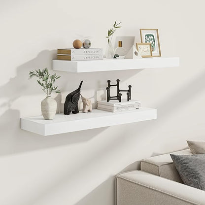 9.3 Inch Deep Floating Shelves, White Solid Wood Floating Shelf Wall Mounted, 36 x 9 Large Display & Storage Shelves for Books, Living Room, Bathroom, Rustic Wooden Wall Shelves, Heavy-Duty, Set of 2
