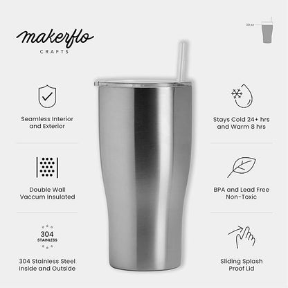 makerflo Destash 30 oz, 25 Pack Tumbler, Stainless Steel Insulated Curve Travel Tumbler with Clear Splash Proof Lid and Straw for Coffee, Tea, Shakes, Smoothies, Wine, Water, Hot Cold Drinks, Silver