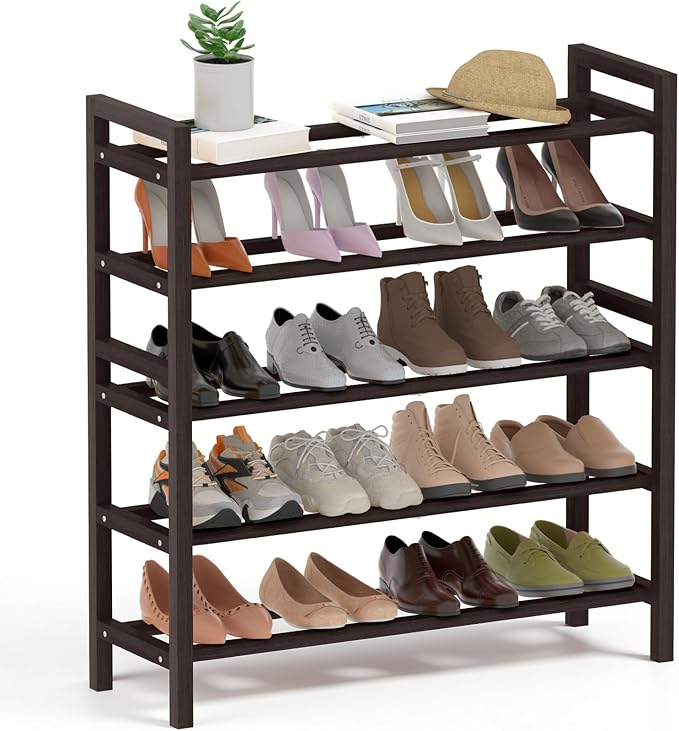 Haddockway Bamboo Shoe Rack for Closet, Free Standing Shoe Organizer with Smooth Round Rods & Convenient Handles, Stackable Shoe Storage Shelf for Entryway, Hallway(Brown, 5-Tier)