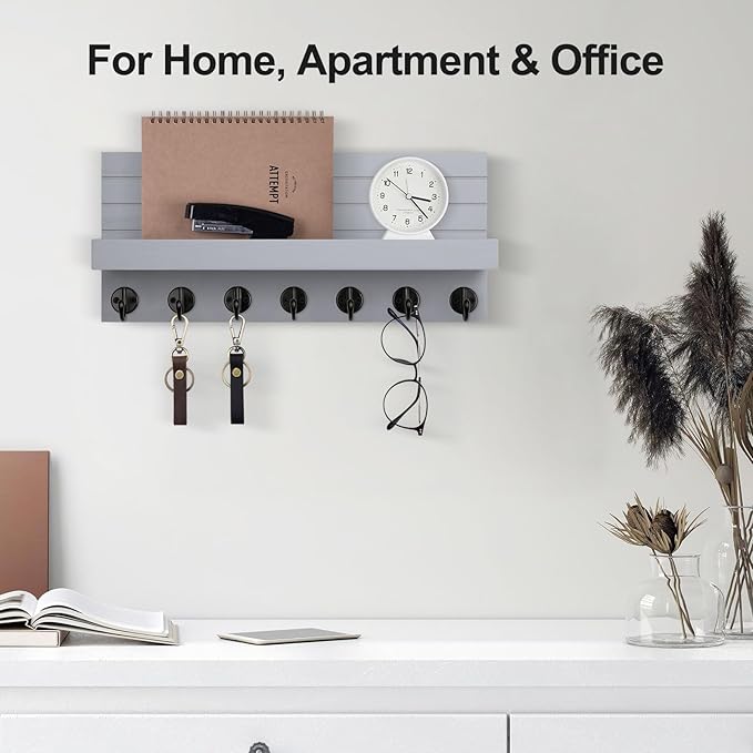 Key Holder Wall Mount, Entryway Key and Mail Holder with 7 Sturdy Hooks for Sunglasses, Dog Leash, Decorative Wall Shelf with Mounting Hardware, 15”W x 6.7”H x 4.2”D (Gray)