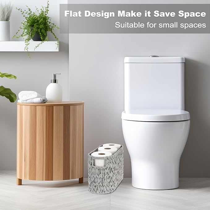 Sumnacon Toilet Paper Storage Basket Freestanding, Woven Toilet Paper Holder Stand with Handle, Decorative Narrow Bathroom Baskets Sturdy Plastic Organizer Bin for Tissue Rolls, Toiletries, Towels