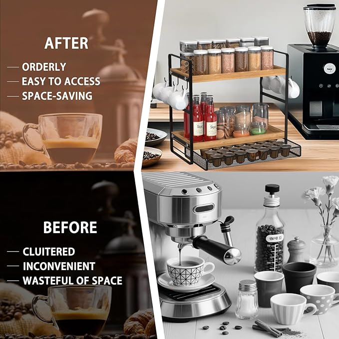 LEMIKKLE Coffee Station Organizer with Pod Holder and Drawer, Kitchen Countertop Organizer, Coffee Bar Accessories Station with Coffee Pod Storage, 2-Tier Wood Coffee Organizer With 6 Hooks