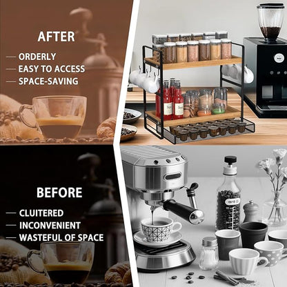 LEMIKKLE Coffee Station Organizer with Pod Holder and Drawer, Kitchen Countertop Organizer, Coffee Bar Accessories Station with Coffee Pod Storage, 2-Tier Wood Coffee Organizer With 6 Hooks