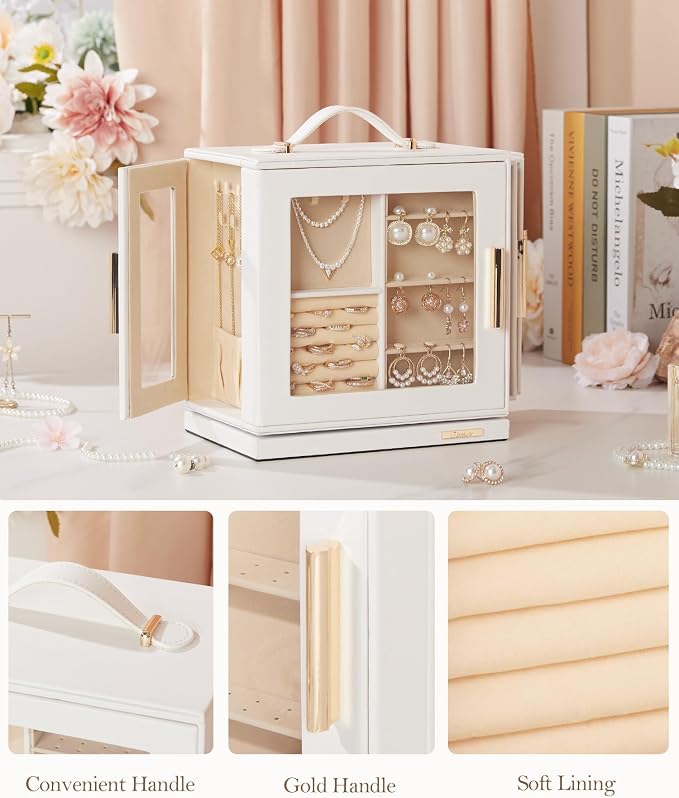 Homde Jewelry Box for Women Large: Rotating Organizer for Ring Earring Necklace Bracelet - 7 Drawers Storage for Dresser (White)