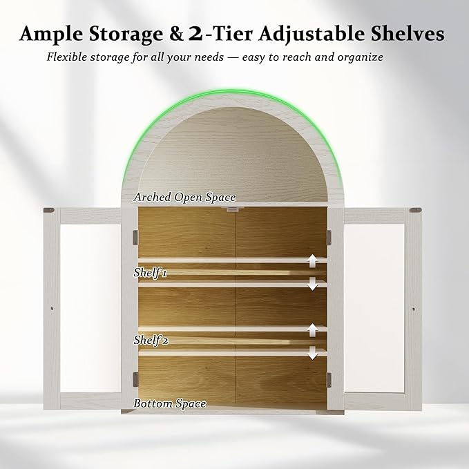 BREEZEHEAT Bathroom Medicine Cabinet Wall Mounted-Over The Toilet Storage Cabinet-Arched Wall Cabinet with Glass Doors & Adjustable Shelves, Wood Cabinet for Laundry Room, Kitchen, Living Room, Beige