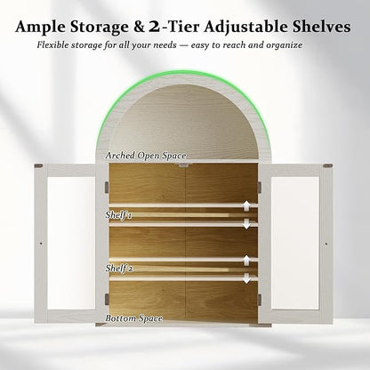 BREEZEHEAT Bathroom Medicine Cabinet Wall Mounted-Over The Toilet Storage Cabinet-Arched Wall Cabinet with Glass Doors & Adjustable Shelves, Wood Cabinet for Laundry Room, Kitchen, Living Room, Beige
