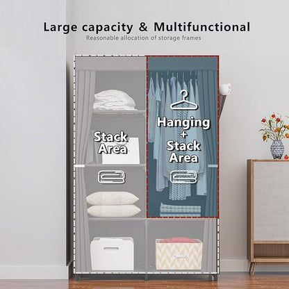 SORCEDAS Portable Closet Wardrobe Organizer Storage with Cover Non-Woben Fabric Portable Wardrobe Closet for Hanging Clothes Racks Shelving 33 Inch for Bedroom, Blue (Coffee, 33Inch)