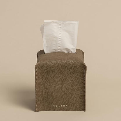 OLETHA Square Tissue Box Cover - Aesthetic Desk Decor for Room, Home & Office - Tissues Cube Boxes Holder - Tan Gray