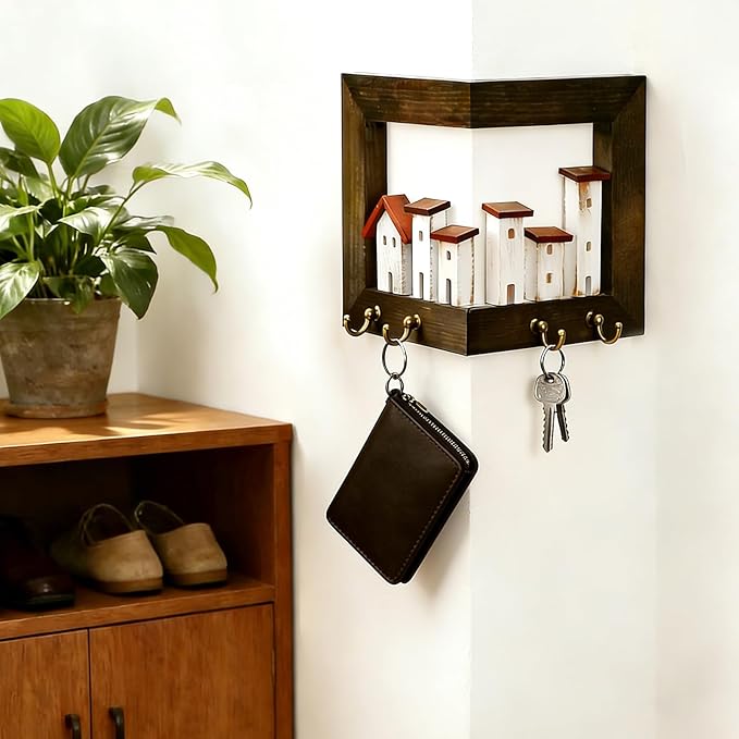 3D Key Holder Wall Mount, Rustic Wood Keys Hanger Organizer Rack for Wall with 4 Hooks and Village Scene, for Farmhouse Entryway Hallway Bedroom, Drilling and Assembly Required (Rustic)