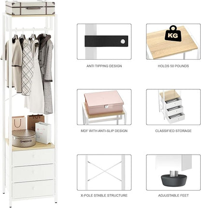 YMYNY Garment Rack, Clothes Rack with Drawers, Freestanding Tall Closet Organizer with 3 Fabric Drawers, Clothes Stand for Hanging Shirts, Coat,15.35" L×11.41" W×70.47" H Wood Color&White UHGR001R