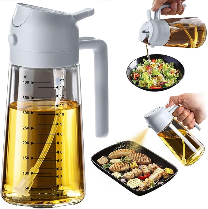 TrendPlain 16oz/470ml Glass Olive Oil Sprayer for Cooking – 2 in 1 Olive Oil Dispenser Bottle for Kitchen Gadgets and Air Fryer Accessories, Salad, BBQ - Ash