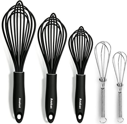 Anaeat Kitchen Whisk Set of 5, Perfect for Non-Stick Cookware, Egg Beater Milk Blender for Whisking, Cooking, Baking - 5"+7" Mini Wire Whisk and 9''+11''+12'' Silicone Balloon Whisks (Black)