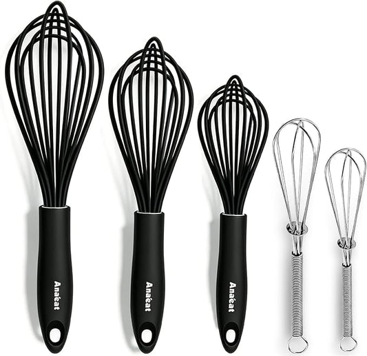Anaeat Kitchen Whisk Set of 5, Perfect for Non-Stick Cookware, Egg Beater Milk Blender for Whisking, Cooking, Baking - 5"+7" Mini Wire Whisk and 9''+11''+12'' Silicone Balloon Whisks (Black)