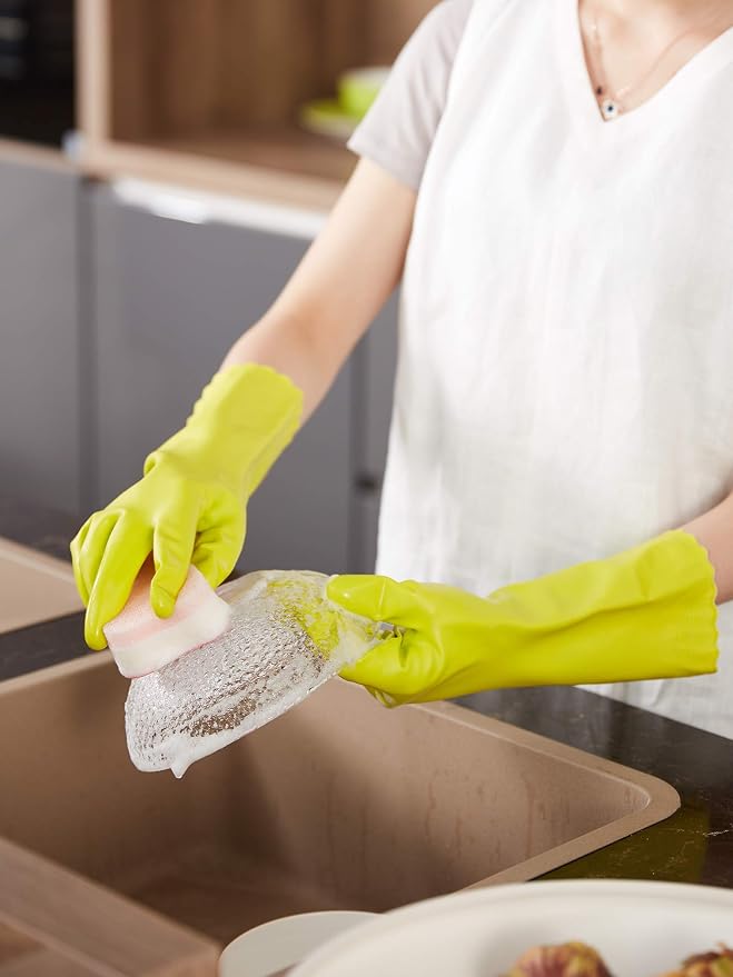 LANON 3 Pairs wahoo Skin-Friendly Cleaning Gloves, Dishwashing Kitchen Gloves with Cotton Flocked Liner, Reusable, Non-Slip, Bud Tender, Small