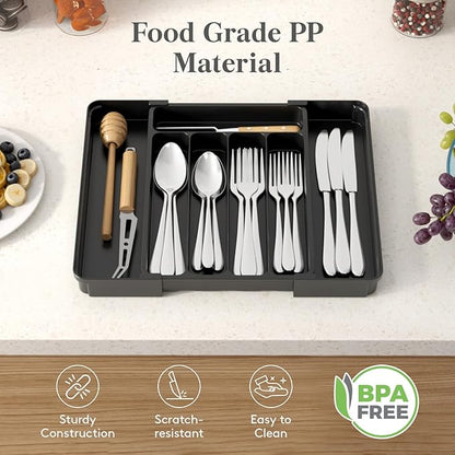 Lifewit Silverware Organizer for Drawer, Expandable Utensil Tray, BPA-Free Adjustable Cutlery Holder for Kitchen Storage, 8.1-13.9 x 11.3, Black