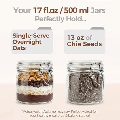 ComSaf 17oz Overnight Oats Containers with Lids 6-Pack, Wide Mouth Glass Jars for Meal Prep, 500ml Airtight Glass Canisters with Wire Clamp for Sourdough Starter, Fridge Pickling & Pantry Organization