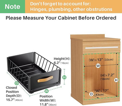 Pull out Cabinet Organizer,Heavy Duty Slide out Pantry Shelves Drawer Storage with Adhesive Nano Film,Sliding Mesh Cabinet Basket with Handle for Kitchen, Bathroom, Home, 11.8"W X 15.7"D X6.2"H,Black