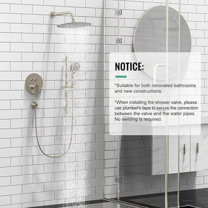 SR SUN RISE Shower System: 12 Inch Rainfall Shower Head with Handheld Combo Set - Slide Bar Bathroom Shower Faucet Set Wall Mounted (Valve and Trim Kit Included) - Brushed Nickel