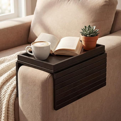 Sofa Arm Tray, Foldable Bamboo Couch Armrest Table with Large 12.5" x 5.8" Storage Compartment, Portable Chair Couch Caddy Arm Tray for Cup TV Snacks Phone