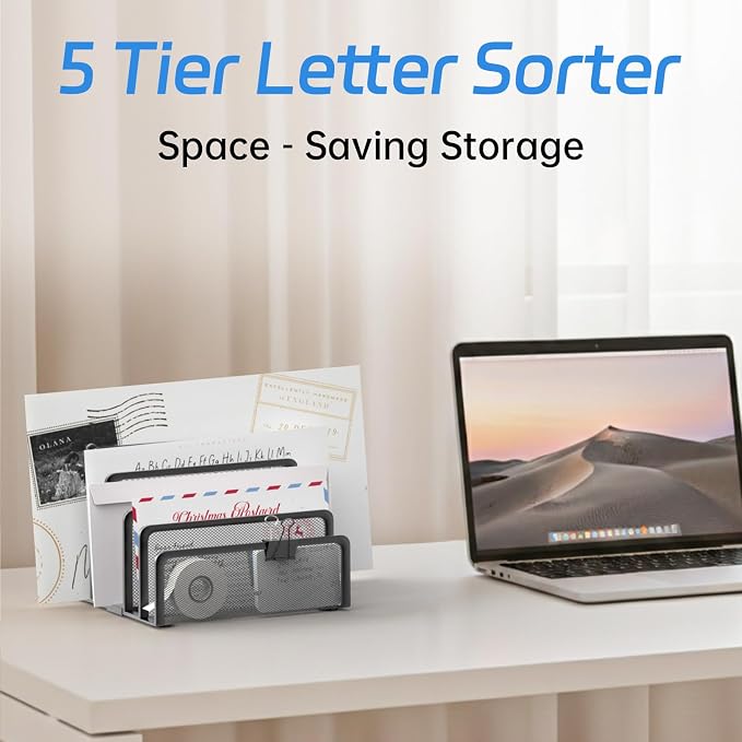 Mail Organizer with 5 Slot, Metal Mail Holder for Desk, Office File Holder Letter Organizer for Mails (Black)