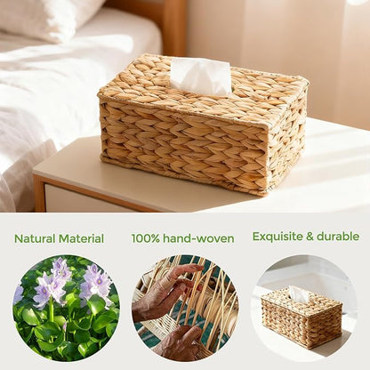 Rectangle Wicker Tissue Box Cover Fits 120-Count (3-Ply) / 160-Count (2-Ply) Boxes, Natural Rattan Woven Facial Tissue Holder, Decorative Tissue Box Holder for Bathroom, Living Room, Office & Desk