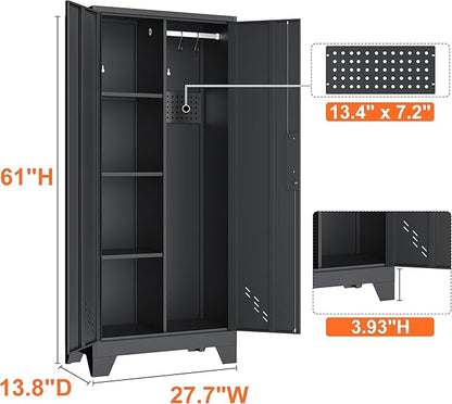 Storage Cabinet 61" H, Metal Tools Storage Cabinet with Lockable Doors and Shelves, Outdoor Storage Sheds with Removable Pegboard for Garage, Utility Room, Office