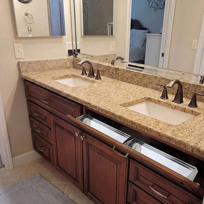 2 Set 16 Inch Stainless Steel Sink Drawer Tip Out Tray Kit Include Tip-Out Sink Trays and Hinges Large Pull Out Storage Organizer for Kitchen Bathroom Base Cabinets