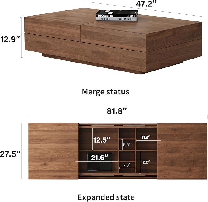 Mid-Century Modern Expandable Coffee Table & TV Stand Set, Walnut Finish – Elegant Storage Combo for Living Room, Bedroom, or Lounge (78.54“ to 103" TV Stand+Coffee Table)